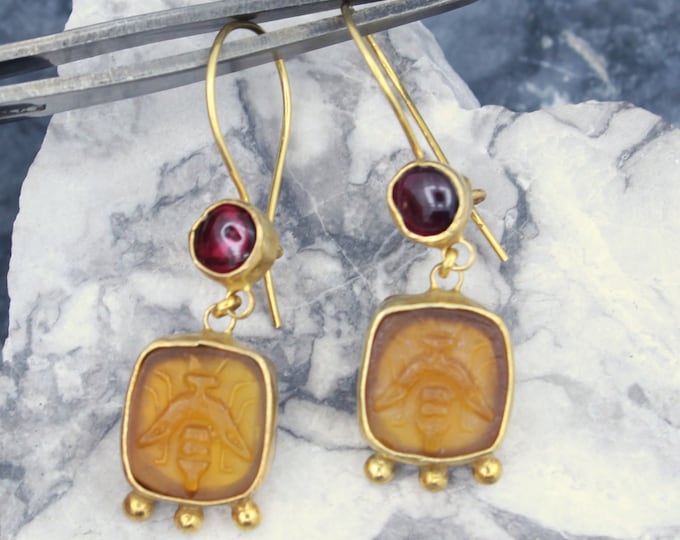 Handmade Roman Art Bee Intaglio Earring: Garnet, Gold Vermeil, 925 Silver