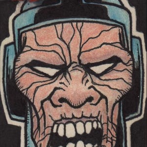 Puede incluir: Tarjeta coleccionable Marvel Masterpieces con una ilustración detallada de la cara de un personaje. La cara está representada en tonos rosados y rojizos, con venas prominentes y una amplia sonrisa dentada. La tarjeta tiene el logo de Marvel Masterpieces, la firma del artista y el año 2008.