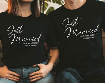 Just Married T-Shirt, Personalized Husband and Wife Couples Honeymoon T-Shirt, Finally Matching Wedding Tee, Mr and Mrs Any Name Any Date