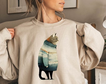 Fat Gray Cat in Sweatshirt, Winter Cat Sweatshirt, Cat Lover Sweatshirt, Fat Cat Sweatshirt, Pet Lover Sweatshirt