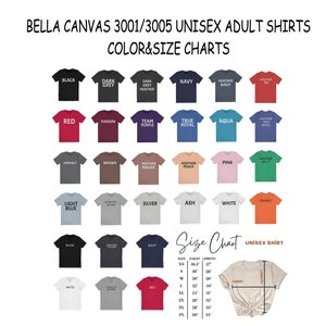 May include: Color and size chart for Bella Canvas 3001/3005 unisex adult t-shirts. The chart shows 24 different color options for the shirts, including black, red, navy, white, and various shades of heather. The chart also includes a size chart with measurements for chest and length in inches.