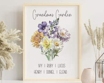 Custom Grandmas Garden Flower Art | Gift for Grandma | Grandchildren Gift | Birth Flower Bouquet Wall Art  | Watercolour Flower Wall Decor