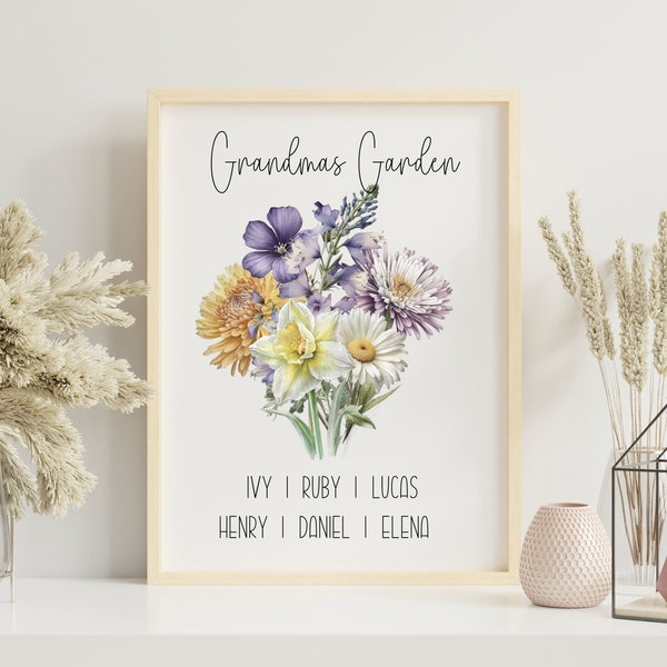 Custom Grandmas Garden Flower Art | Gift for Grandma | Grandchildren Gift | Birth Flower Bouquet Wall Art  | Watercolour Flower Wall Decor