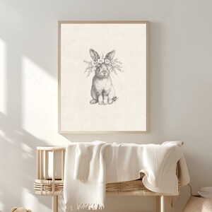 Vintage bunny nursery decor, Bunny sketch nursery print, Bunny line art, Bunny kids room wall decor, Digital print, Boho woodland art