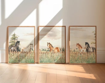 Paard kinderkamer kunst aan de muur, print paard kinderkamer, western kinderkamer kunst aan de muur, boerderij inrichting boerderij, digitale print, 3 pagina&#39;s paard print