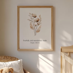 Wildflower girl room wall art, Simple floral girl room print, Fearfully and wonderfully made, Psalm 139,  Digital, Bible verse nursery print