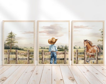 Little cowboy wall art, Cowboy and horse nursery wall art, Digital download, Country western boy room wall decor, Country boy digital print,