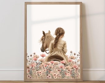 May include: A young girl in a brown dress rides a light brown horse through a field of pink and white flowers.