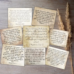 Puede incluir: Un conjunto de diez citas inspiradoras de la Biblia, impresas en tarjetas de papel de estilo vintage con acentos florales. Cada tarjeta presenta un versículo diferente y una referencia al libro y al capítulo.