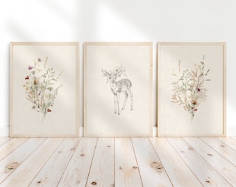 Wilde bloemen en herten kunst aan de muur, bosrijke herten kinderkamer inrichting, land meisje kamer kunst, vintage herten kinderkamer kunst aan de muur, boho bloem digitale kunst