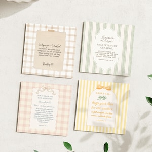 May include: Four square cards with inspirational quotes. The cards feature various patterns, including gingham and stripes, in soft pastel colors. Each card has a different quote in elegant typography. A sprig of greenery is in the corner.