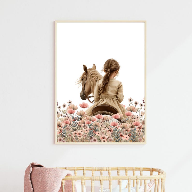 May include: A watercolor painting of a girl riding a horse through a field of pink flowers. The girl is wearing a brown dress and has long brown hair. The horse is brown and white.
