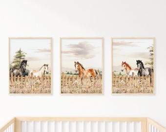 Paard kinderkamer kunst aan de muur, boho bloemen kinderkamer inrichting, westerse kinderkamer kunst aan de muur, boerderij inrichting landelijke boerderij, digitale print, veld wilde bloemen