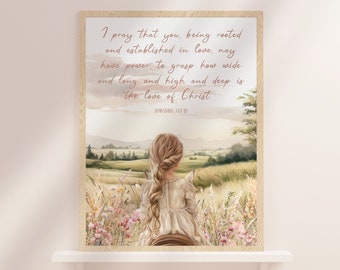 Ephesians 3:17-18, Bible verse kids room wall decor, Cowgirl nursery print, Scripture nursery decor, Girl riding horse wall art, Digital art