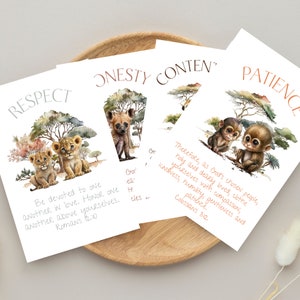 Digital Christian Character Cards | Kids Memory Verses | Bible Memorization | Safari Animal Design | 12 Cards | Kids Room | Homeschool Room