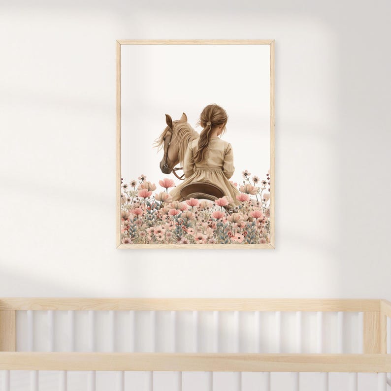 May include: A framed illustration of a girl riding a horse through a field of pink flowers. The girl is wearing a long dress and has her hair pulled back. The horse is brown and white.