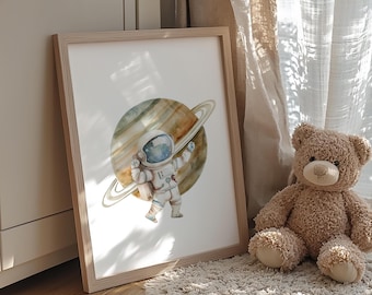 Astronaut nursery wall art, Space astronaut boys room wall art, Minimalist astronaut digital print, Watercolor space and astronaut print