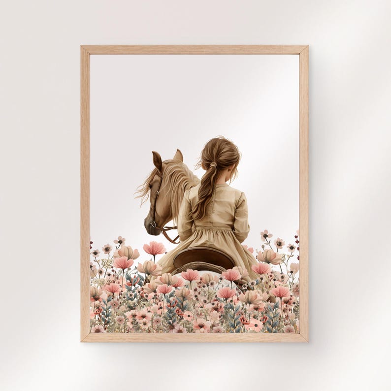 May include: A girl riding a brown horse through a field of pink and white flowers. The girl is wearing a light brown dress and has her hair pulled back in a ponytail.