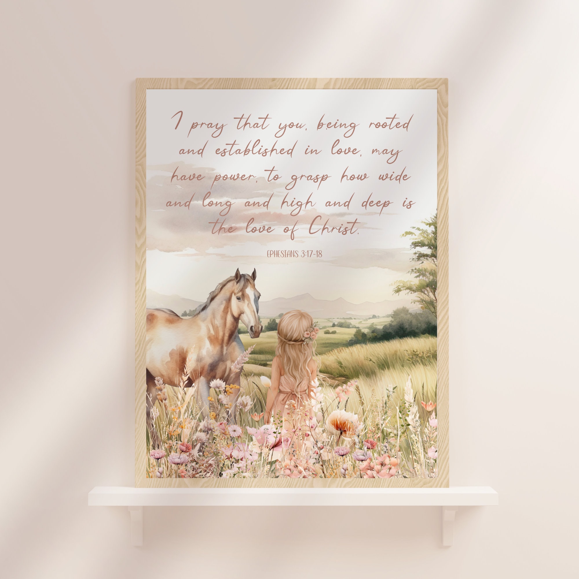 Efeziërs 3:17-18, kinderkamerinrichting bijbelvers, kunst aan de muur boho meisje kinderkamer, meisje en paard kinderkamer kunst aan de muur, boho meisje digitale print,