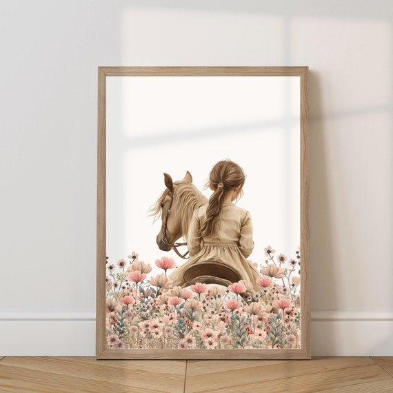Young cowgirl wall art, Western wall art, Wildflower decor, Girl nursery wall art, Girl riding horse, Horse loving girl gift, Digital print