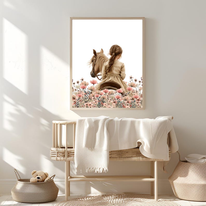May include: A framed print of a girl riding a horse through a field of pink flowers. The girl is wearing a long, white dress and has her back to the viewer. The horse is brown and has a white mane and tail.