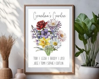 Aangepaste oma's tuin bloemkunst | Cadeau voor oma | Kleinkinderen cadeau | Geboorte bloemboeket kunst aan de muur | Aquarel bloem wanddecoratie