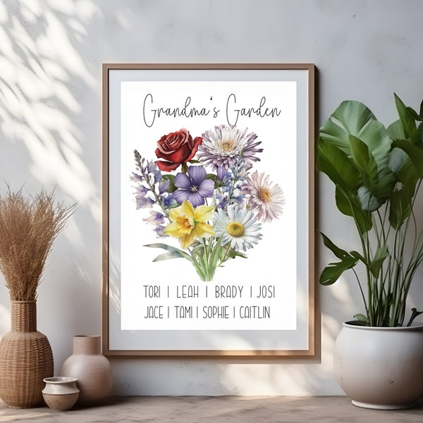 Custom Grandmas Garden Flower Art | Gift for Grandma | Grandchildren Gift | Birth Flower Bouquet Wall Art  | Watercolour Flower Wall Decor