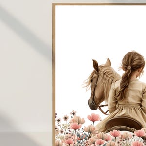 May include: A young girl riding a brown horse through a field of pink and white flowers.