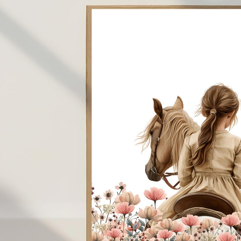 May include: A young girl riding a brown horse through a field of pink and white flowers.