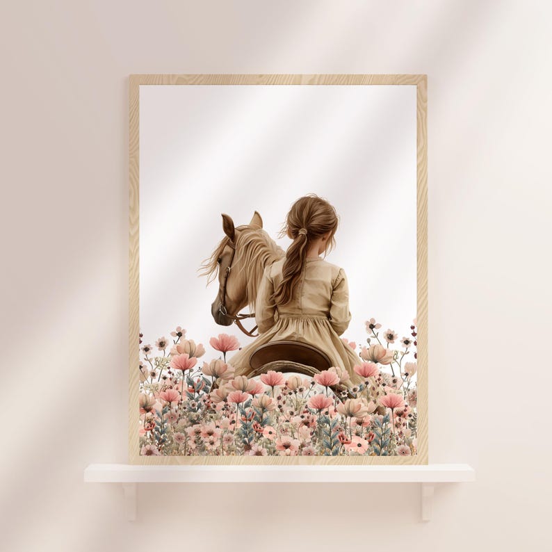 May include: A girl in a long dress rides a brown horse through a field of pink flowers.