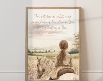 Isaiah 26:3, Bible verse nursery decor, Girl riding horse wall art, Cowgirl wall art, Horse and girl nursery print, Western digital print