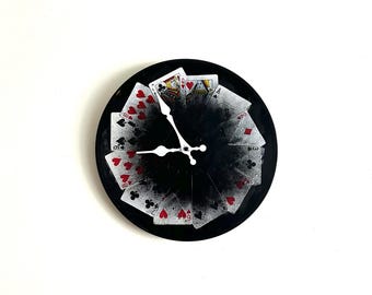 Handmade Clock - made from vinyl record, playing cards, and spray paint