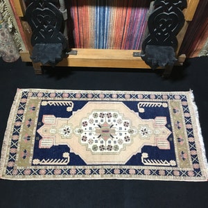 1.9 x 3.7 Rug, Turkish Rug, Vintage Rug, Navy Blue Rug, Oushak Rug, Persian Rug, Small Rug, Wool Rug