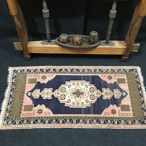 1.7 x 3.6 Rug, Vintage Rug, Turkish Rug, Pink, Small Rug, Navy Blue, Persian Rug, Oushak Rug, Old Rug, Wool Rug
