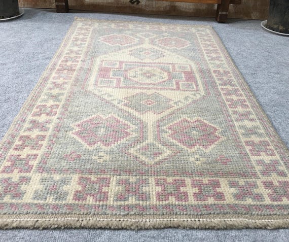 2x4 Hand-Knotted Turkish Oushak Rug - Muted Geometric Mat - Handwoven Wool Rug Entryway & Kitchen, One-of-a-kind, (2’3 x 3’7 ft)