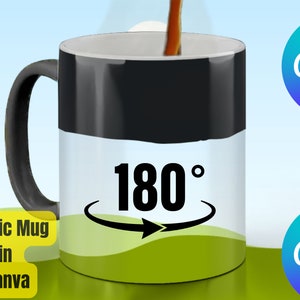 May include: A black magic mug with a white 180 degree symbol and an arrow pointing to the right. The mug is on a green background with a white rim.