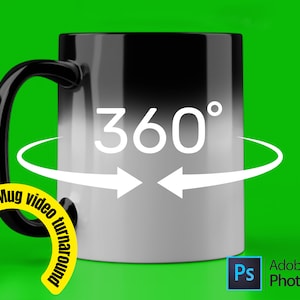 May include: A black and white colour-changing mug with the text "360°" on the front. The mug is shown against a green background with a yellow circle around it that says "Complete Magic Mug Video Turnaround".
