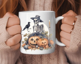 Caneca de feliz Halloween - Caneca de Halloween - Caneca de esqueleto - Caneca de abóbora - Caneca branca