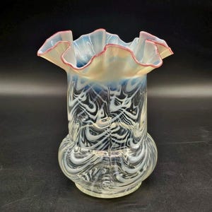 Northwood French Opalescent Pink Frit Ruffled Rim  Vase.