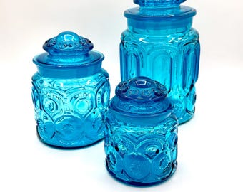 LE Smith Blue Glass Moon & Stars Canister Set Of 3