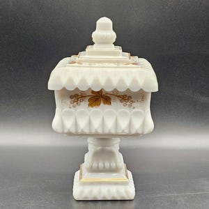 Westmoreland White Milk Glass Lidded Compote Candy Dish Grape Vine Design.