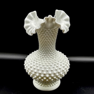 Fenton White Milk Glass Hobnail Ruffle Top Vase.