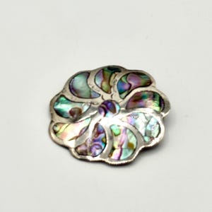 Swirl Brooch Pin TAXCO ADC MEXICO 925 Sterling Silver Abalone Shell Signed 1.75”, pin has slight bend.