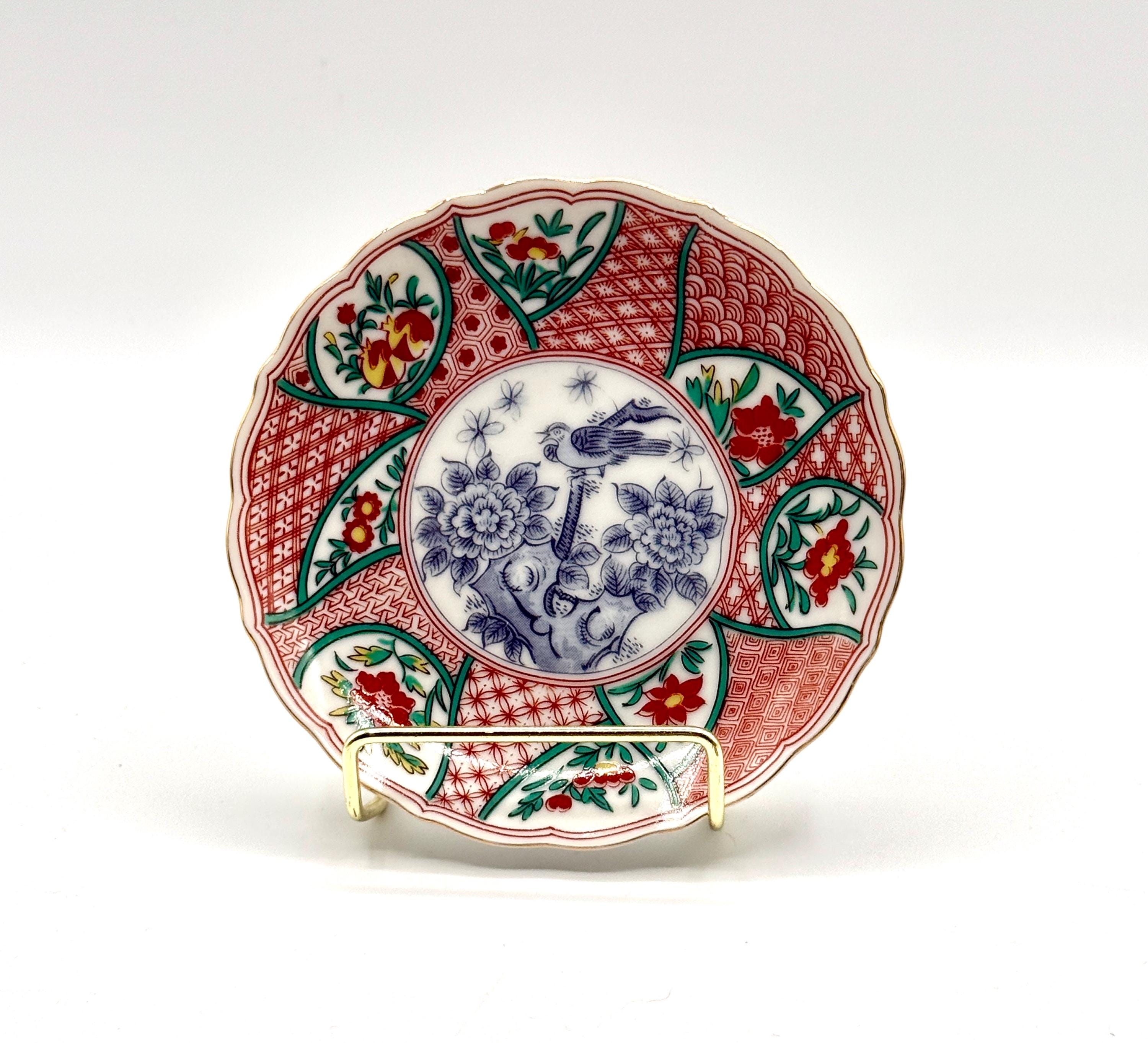 Vintage JAPANESE Porcelain Decor Plate Gold Trim Blue Bird Red