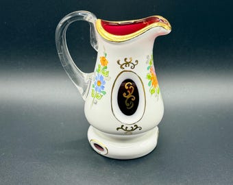 Czech Bohemian Art Glass Creamer Cranberry Cut With Floral Motifs & Gold Gilding