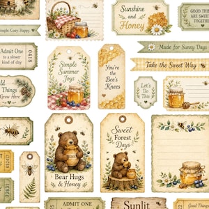 May include: A collection of decorative paper tags and labels featuring illustrations of honey pots, bees, bears, and picnic baskets with text such as Bees & Berries, Honey Picnic, and Bear Hugs & Honey in a vintage, rustic, and nature-inspired aesthetic.
