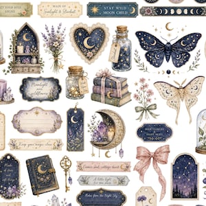 Vintage Celestial Clipart Moon Phase Graphics Printable Journal Elements Junk Scrapbook Witchy Stickers Mystical Butterfly Lavender