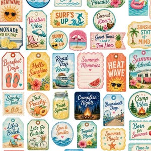 Printable Summer Tag Beach Party Tropical Theme Flamingo Design Watermelon Print Ocean Wave Pool Celebration Gift Label Scrapbook Page Junk
