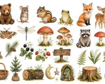 Wald-Aquarell-Cliparts, digitaler Download, transparenter Hintergrund, PNG, PDF, druckbar, Waldtiere, Kinderzimmer, Cottagecore, Bastelideen, aufwendig