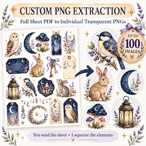 Puede incluir: Una hoja de servicio digital titulada CUSTOM PNG EXTRACTION Full Sheet PDF to Individual Transparent PNGs con ilustraciones en acuarela de búhos, conejos, pájaros, setas, linternas, llaves y lunas crecientes con detalles de lavanda.